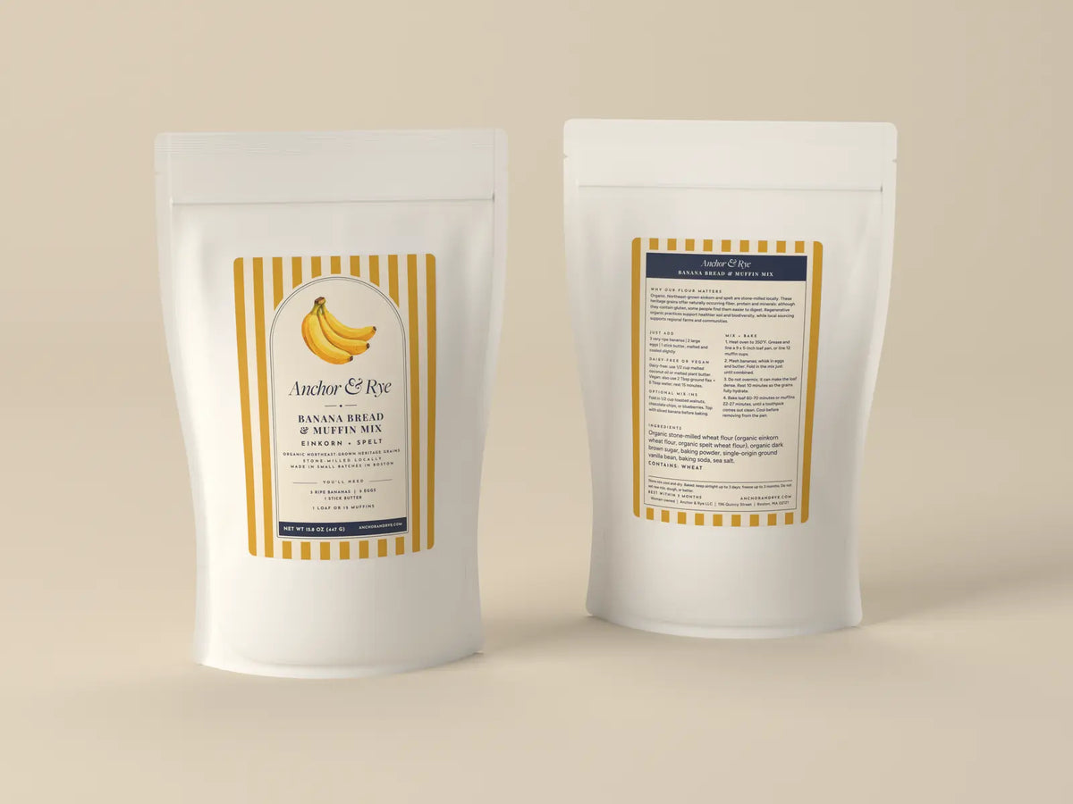 Front and back of the Anchor & Rye Banana Bread & Muffin Mix pouch. The back label lists what to add, baking directions and ingredients