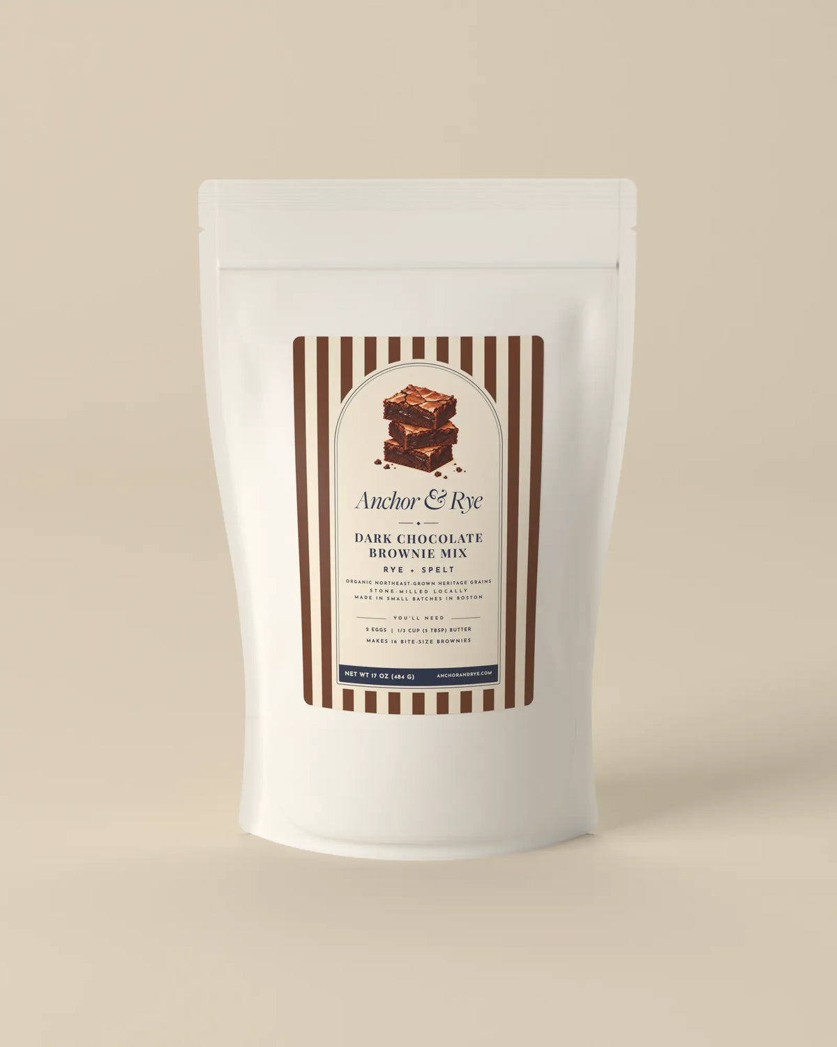 Anchor & Rye Dark Chocolate Brownie Mix, rye and spelt, in a white stand-up pouch with a brown striped label