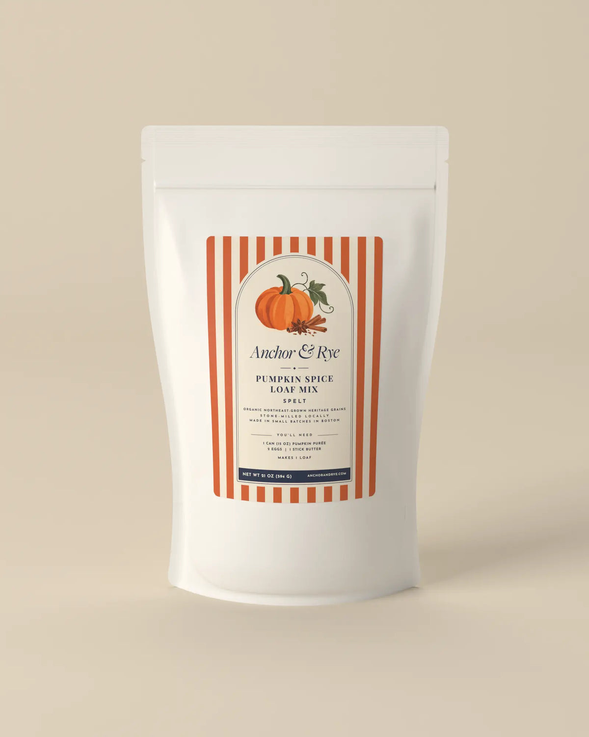 Anchor & Rye Pumpkin Spice Loaf Mix, spelt, in a white stand-up pouch with an orange striped label