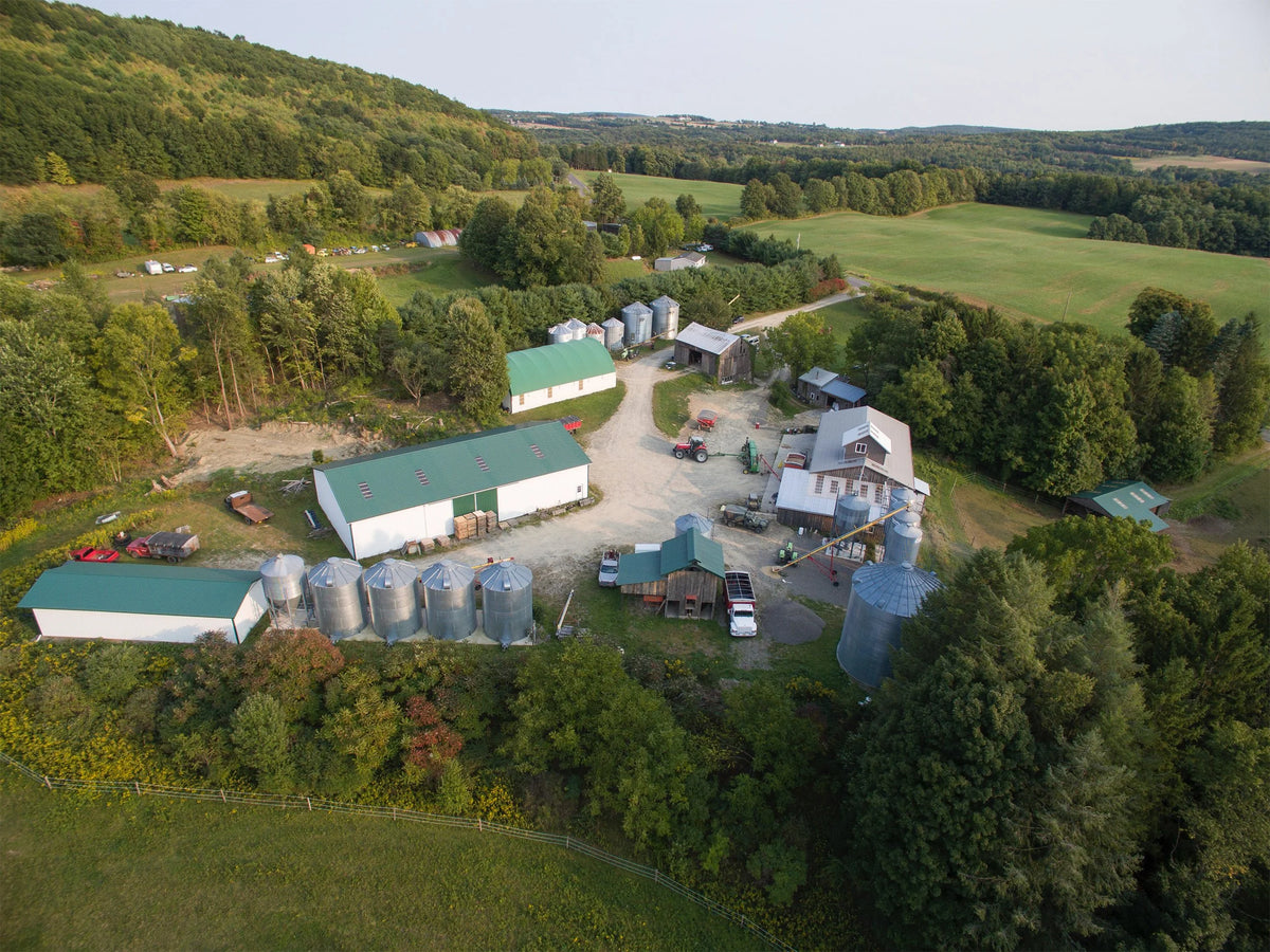 Aerial view of Oechsner Farms in Newfield, New York, with barns, silos, and fields. Photo by Dave Katz.